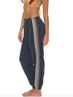 Aviator Nation Womens 5 Stripe Charcoal Grey Sweatpants Large MSRP $170